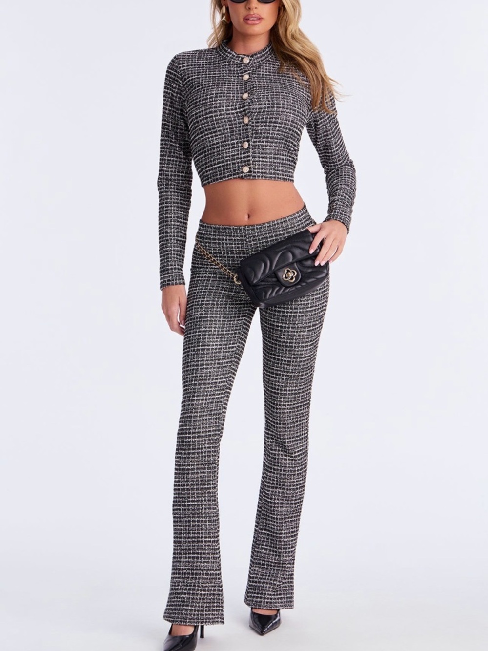 Fashion Nova Tweed Stretch High-Rise Flare Pant Set - Black/White